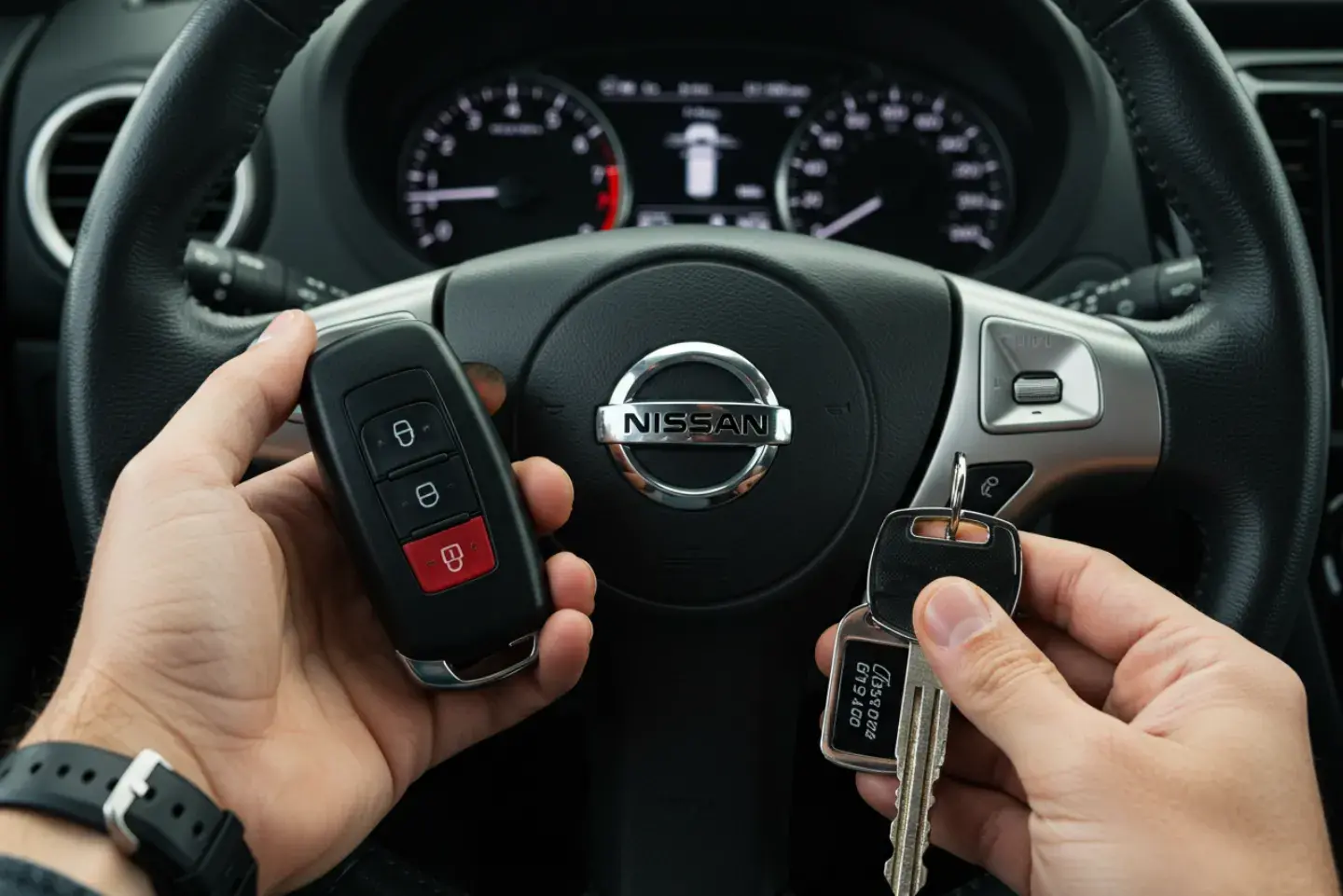 Nissan smart key replacement – New key being programmed for a Nissan vehicle.